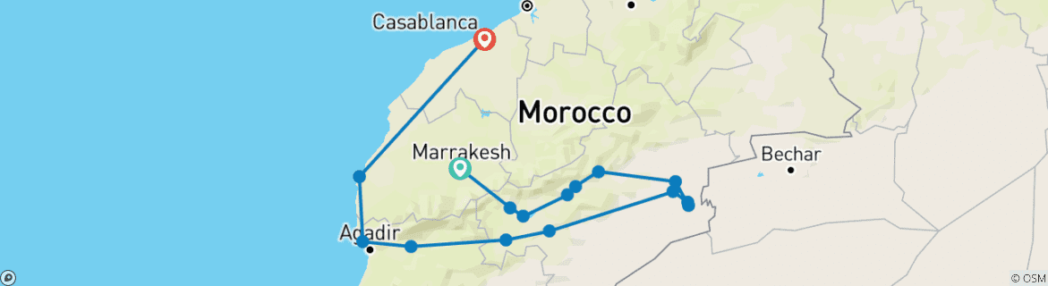 Image of a map showing the route of the tour