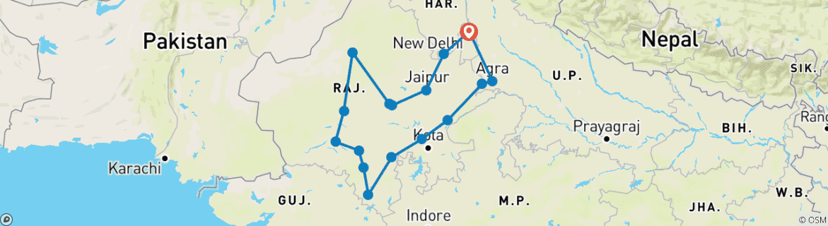 Carte du circuit Incroyable Rajasthan avec le safari du tigre de Ranthambore