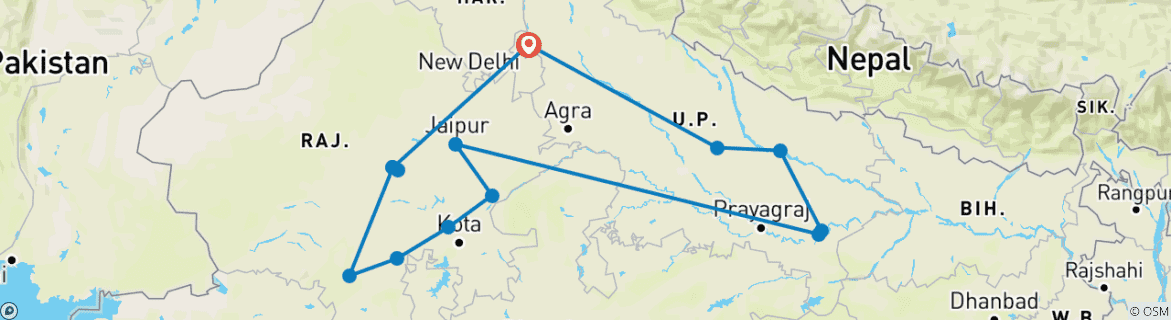 Image of a map showing the route of the tour