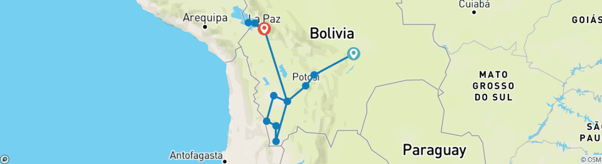 Image of a map showing the route of the tour