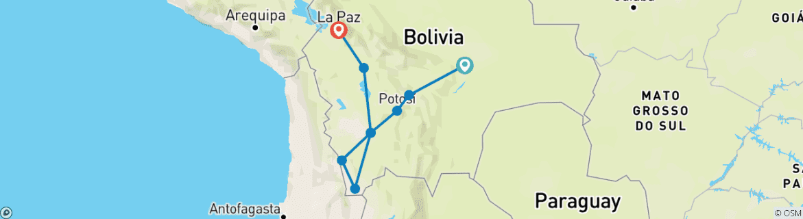 Image of a map showing the route of the tour