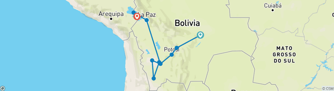 Image of a map showing the route of the tour