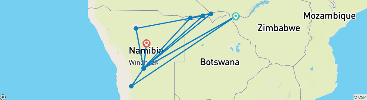 Image of a map showing the route of the tour