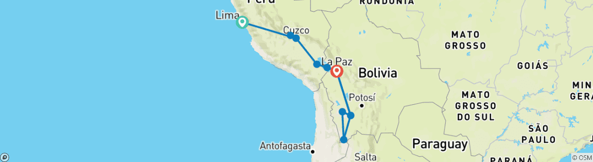 Image of a map showing the route of the tour