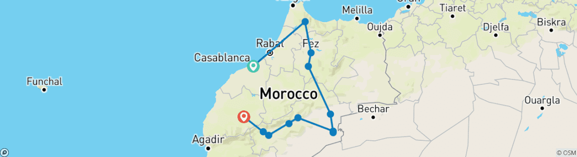 Image of a map showing the route of the tour