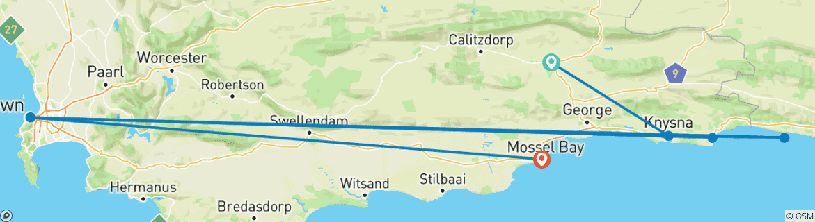 Image of a map showing the route of the tour