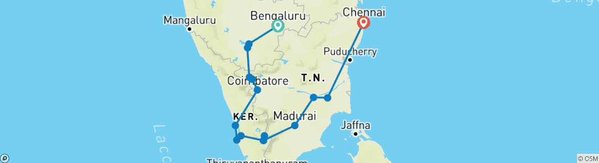 Image of a map showing the route of the tour
