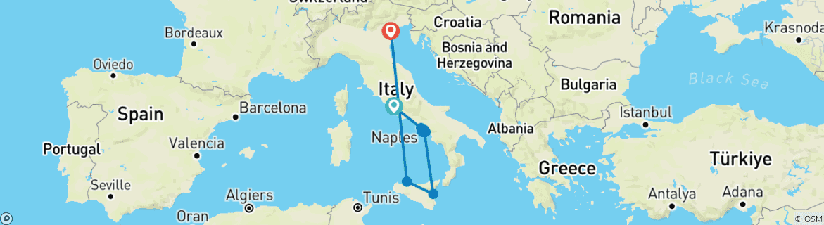Image of a map showing the route of the tour