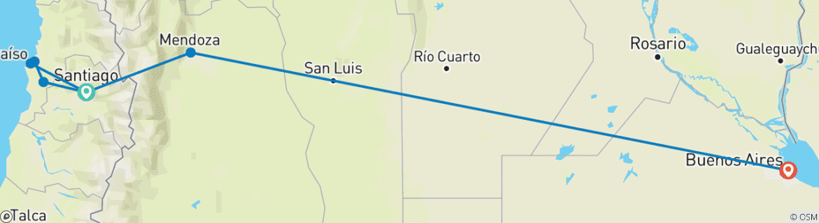 Carte du circuit VOYAGE AU CHILI ET EN ARGENTINE Déguster les meilleurs vins d'Amérique du Sud