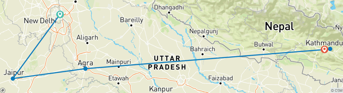 Image of a map showing the route of the tour