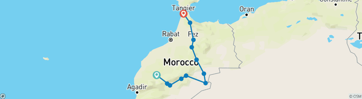 Image of a map showing the route of the tour