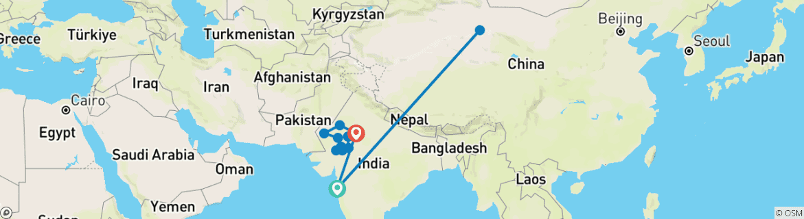 Image of a map showing the route of the tour