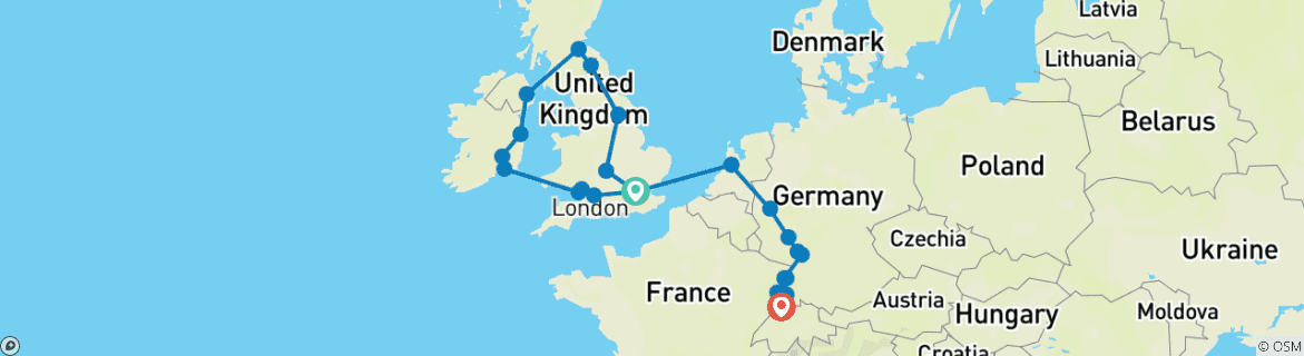 Image of a map showing the route of the tour