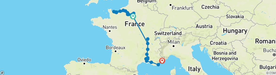 Carte du circuit La France dévoilée : Seine et Rhône avec 2 nuits sur la Côte d'Azur