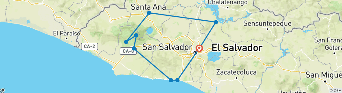 Kaart van 8 dagen De essentie van El Salvador: Maya Cultuur, Vulkanen en Stranden