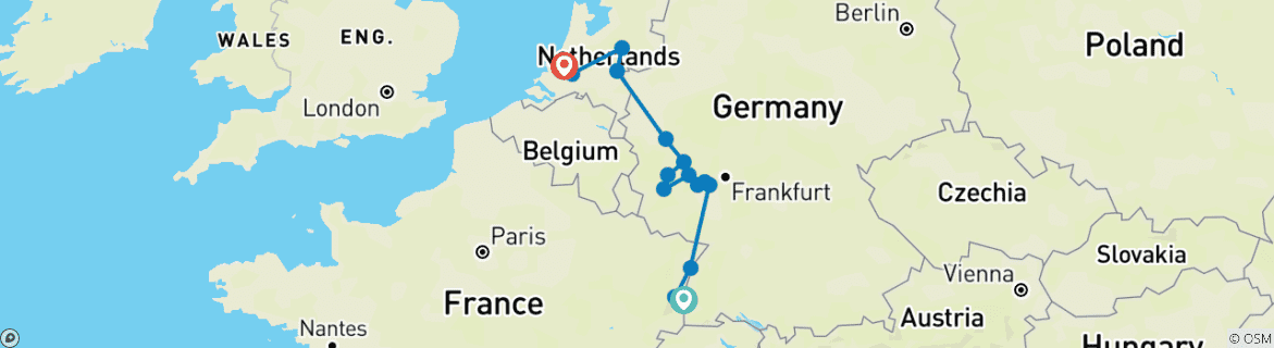 Image of a map showing the route of the tour