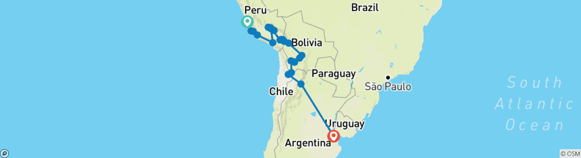 Image of a map showing the route of the tour