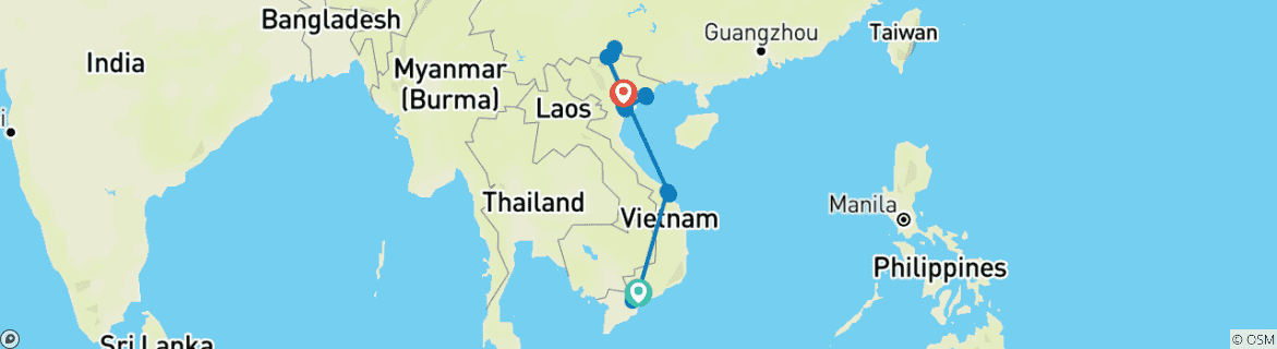 Image of a map showing the route of the tour