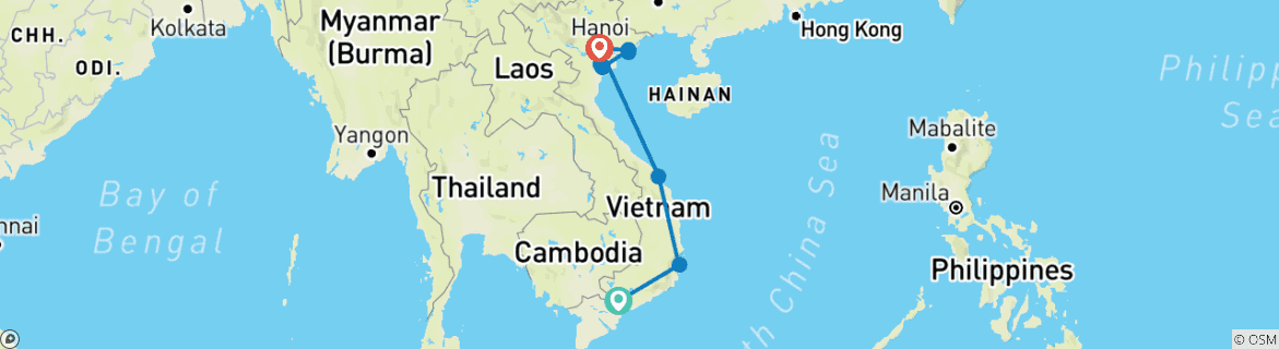 Image of a map showing the route of the tour