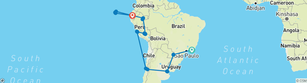 Image of a map showing the route of the tour