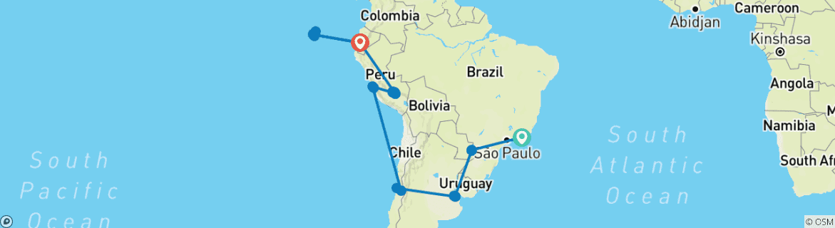 Image of a map showing the route of the tour