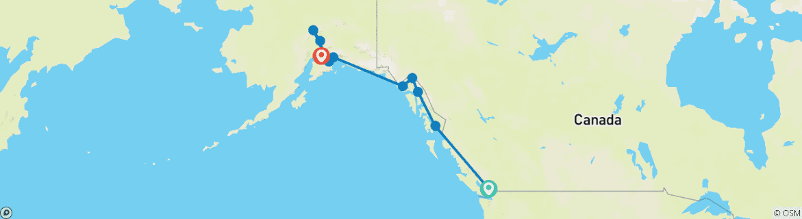 Image of a map showing the route of the tour