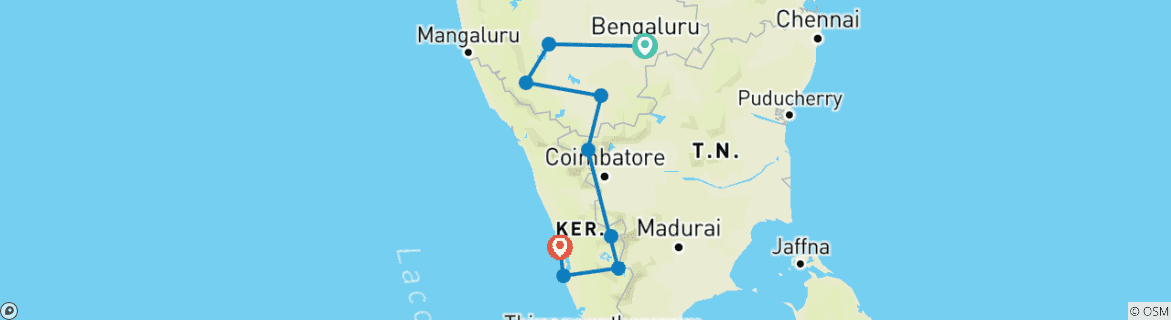 Image of a map showing the route of the tour