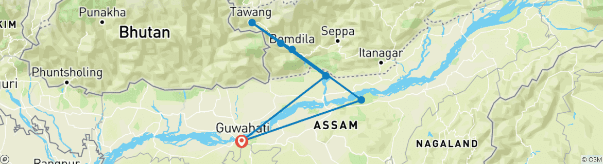 Image of a map showing the route of the tour