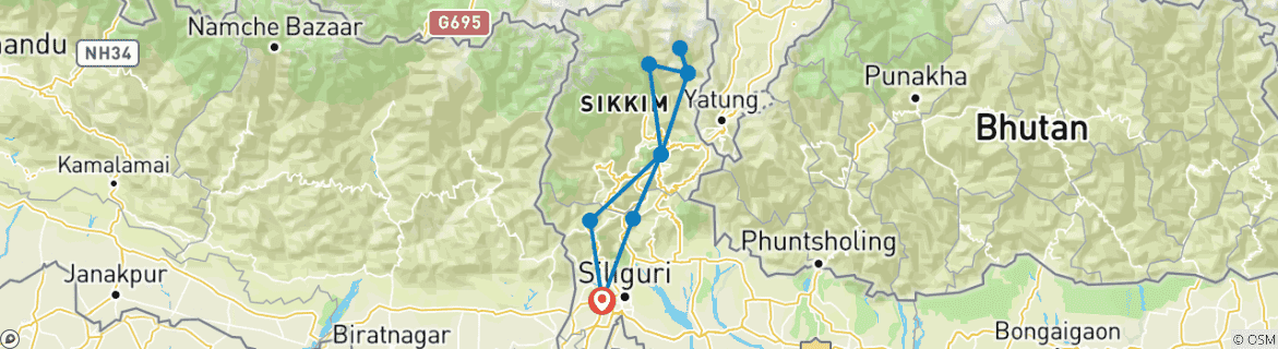 Image of a map showing the route of the tour