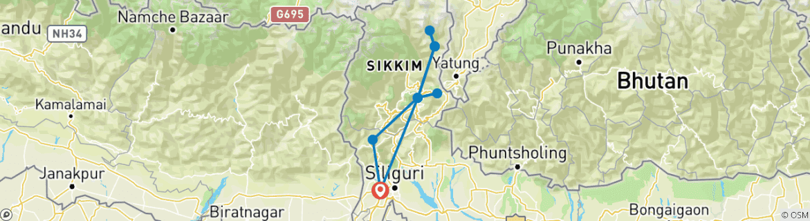 Image of a map showing the route of the tour