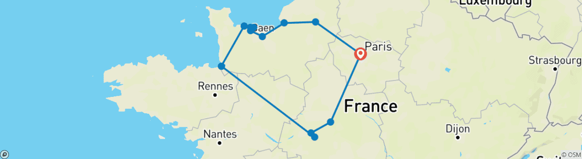 Image of a map showing the route of the tour