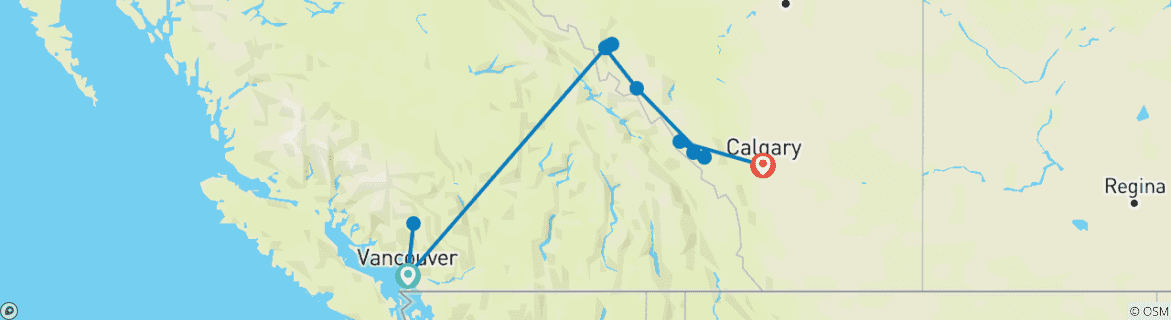 Image of a map showing the route of the tour
