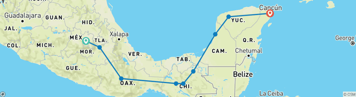 Image of a map showing the route of the tour
