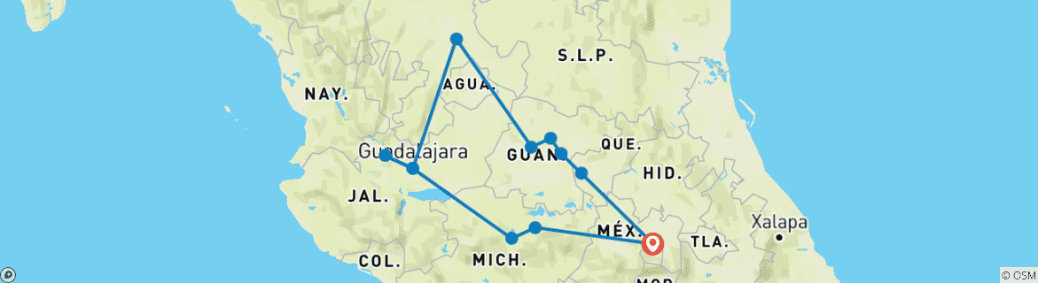 Image of a map showing the route of the tour
