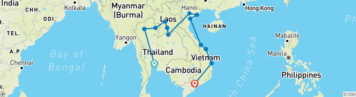 Carte du circuit De la vraie Thaïlande au Vietnam
