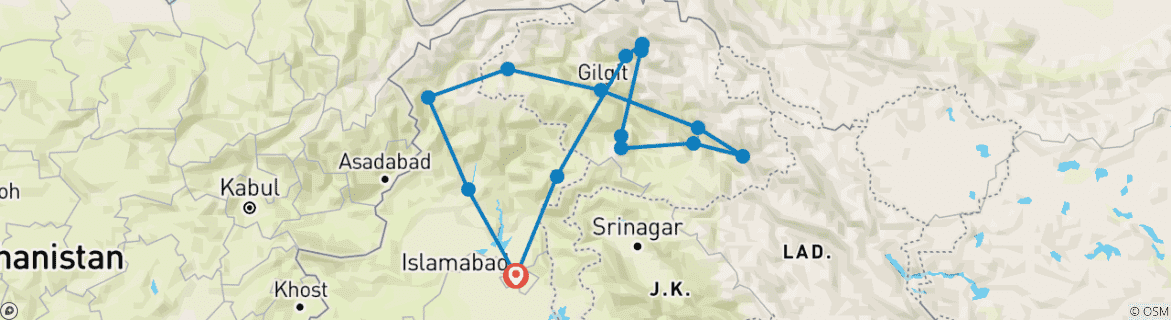 Image of a map showing the route of the tour