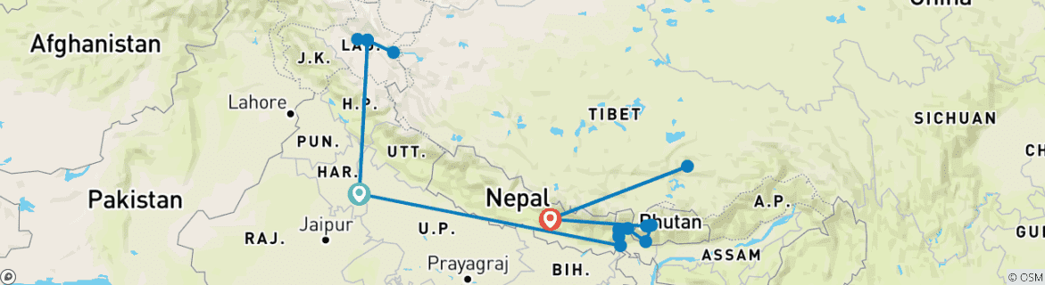 Image of a map showing the route of the tour