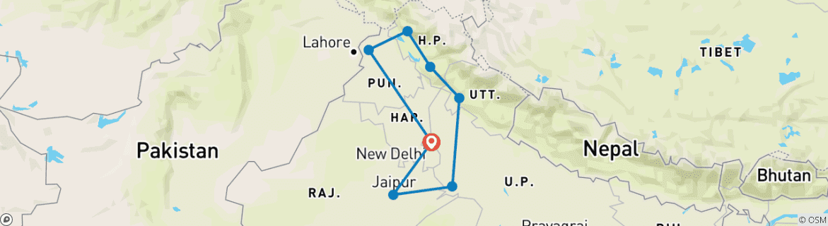 Image of a map showing the route of the tour