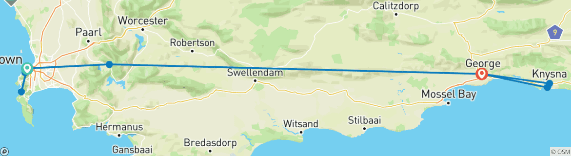 Image of a map showing the route of the tour