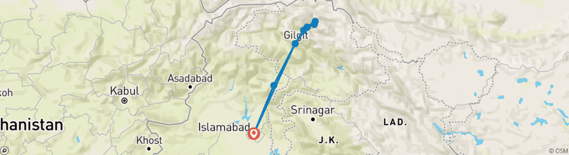 Image of a map showing the route of the tour