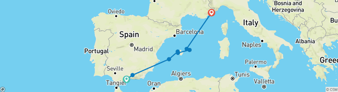 Image of a map showing the route of the tour