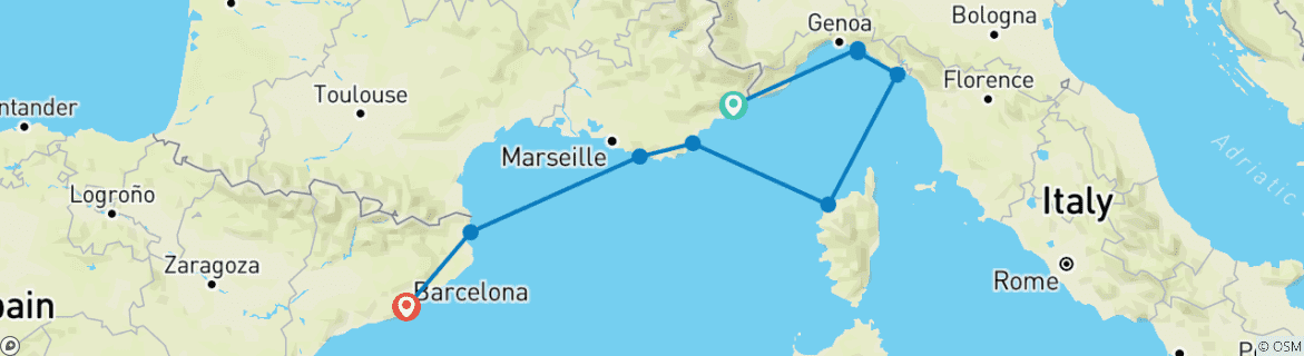 Carte du circuit Les joyaux de la navigation de plaisance sur les rivieras italienne et française