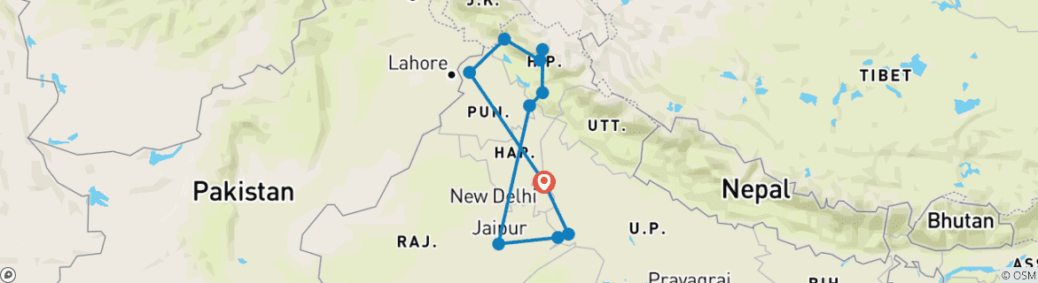 Carte du circuit Incroyable expérience de l'Inde, de l'Himachal et du Taj Mahal