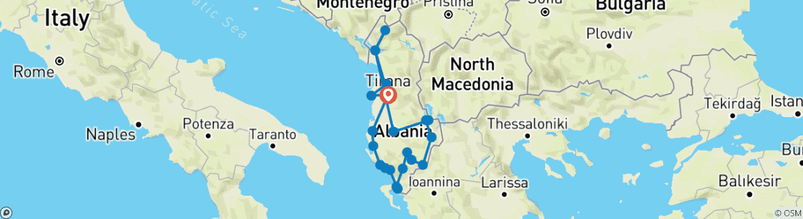 Image of a map showing the route of the tour