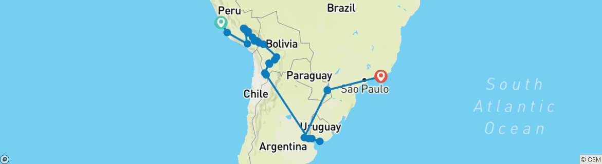 Image of a map showing the route of the tour