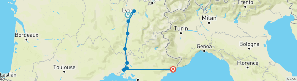 Image of a map showing the route of the tour