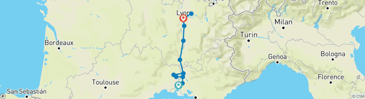 Image of a map showing the route of the tour