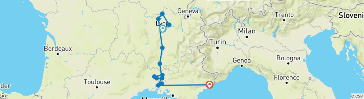 Image of a map showing the route of the tour