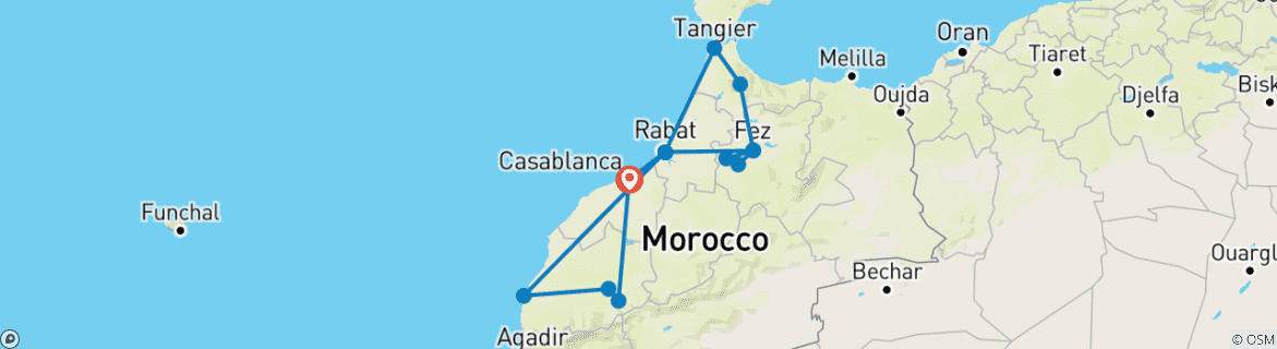Image of a map showing the route of the tour