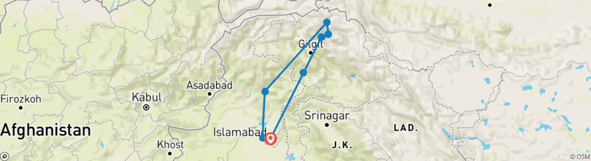 Image of a map showing the route of the tour